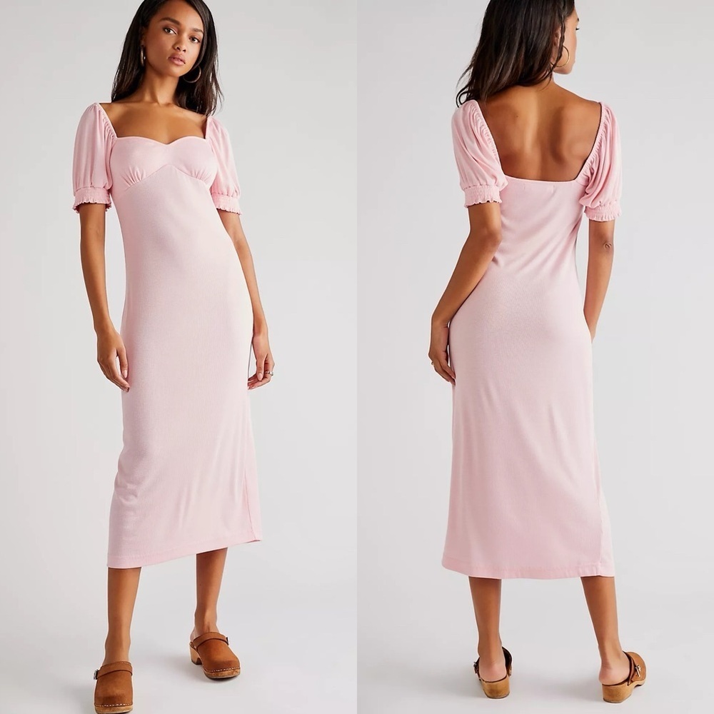 NWT Free People Beach Pink Ribbed Knit Puff Sleeve Sweetheart Midi Dress Sz XS
